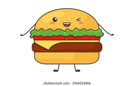 Funny burger kawaii, hamburguesa vectorial de dibujos animados, lindo personaje sacudido sobre fondo blanco. Ilustración alimentaria