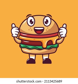 Funny burger mascot gives thumbs up on yellow background