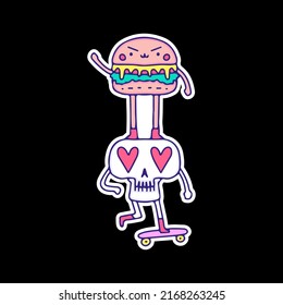 Funny burger and skull character riding skateboard, illustration for t-shirt, sticker, or apparel merchandise. With doodle style.