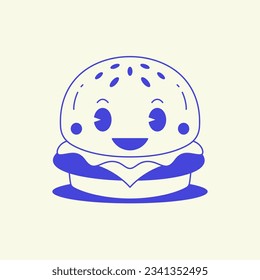 Funny burger smile cartoon character comic fast food mascot retro 30s animation style line art icon vector illustration. Cute cheeseburger cheerful appetizing meal bun cheese meat minimal emoticon