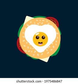 Funny burger with a smiling fried egg in the shape of a heart. Top view. Vector illustration.