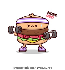FUNNY BURGER WEARING HEADBAND AND DOING AN  EXERCISE WITH DUMBBELLS CARTOON STYLE ILLUSTRATION.