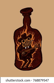 Funny burning skeleton playing guitar 
in a bottle of whiskey. Blues music poster. vector illustration