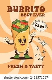 Funny burrito in groovy style.Groovy retro poster. Fast food. Burrito, illustration for delivery. Vintage banner, 70s, 80s, 90s vibes. Trendy retro psychedelic style. 