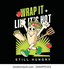 Engraçado Burrito mexicano Comida Cartoon Personagens em Retro Ilustração dos anos 70