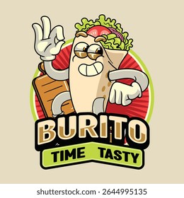 Funny Burrito Mexican Food Cartoon Characters in Retro 70s Illustration