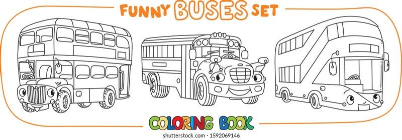 Funny buses with eyes set. Coloring book set