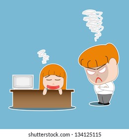Funny business cartoon.Boss ranting over a sleeping employee on a desk .Illustration vector EPS10