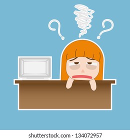 Funny business cartoon.Young and beautiful business woman tired from work in the office.Illustration vector EPS10