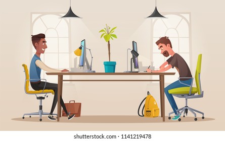 Funny business characters in the working environment. Cartoon vector illustration. Comfortable workplace, coworking. Contemporary office