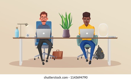 Funny business characters in the working environment. Cartoon vector illustration. Comfortable workplace, coworking. Contemporary office