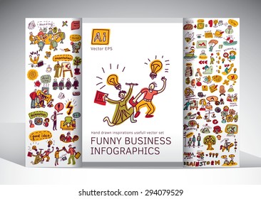 Funny business creative info grafics big icons set. Doodles big set set with creative people, symbols and icons. Every object is separated. Color vector illustration.
