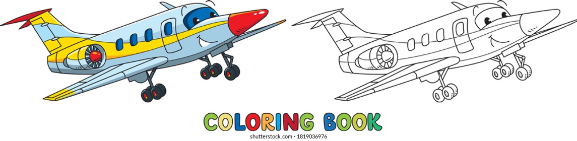 Funny business jet plane with eyes. Coloring book