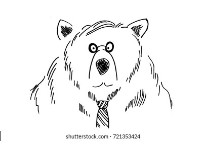 funny business man bear sketch, cartoon or comic art drawing of a silly, fun wild animal character, hand drawn vector in black ink on white background, businessman is wearing a tie and reading glasses