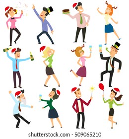 Funny Business People Drinking, Dancing And Having Fun At Corporate Office. Corporate New Year. Vector Illustration.