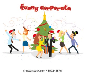 funny business people drinking, dancing and having fun at corporate office. corporate New Year. vector illustration.