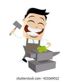 funny businessman with anvil and four-leaf clover