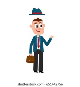 Funny businessman in business suit and removable hat, holding briefcase, showing okay sign, cartoon vector illustration on white background. Funny cartoon businessman with briefcase and removable hat