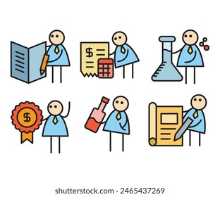 funny businessman characters stick figure in various poses vector illustration