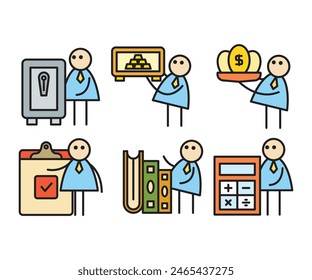 funny businessman characters stick figure in various poses vector illustration