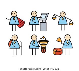 funny businessman characters stick figure in various poses vector illustration