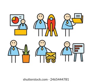 funny businessman characters stick figure in various poses vector illustration