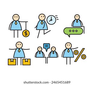 funny businessman characters stick figure in various poses vector illustration