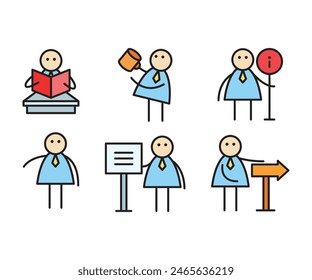 funny businessman characters stick figure in various poses vector illustration