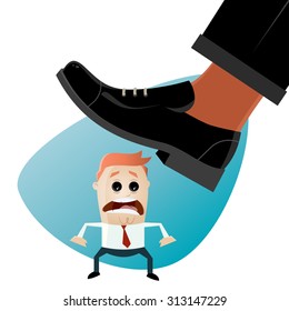 funny businessman is in danger, beneath huge shoe, about to be stepped on