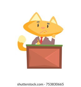 Funny businessman fox in a suit sitting at the desk in office, cute animal boss character cartoon vector Illustration on a white background