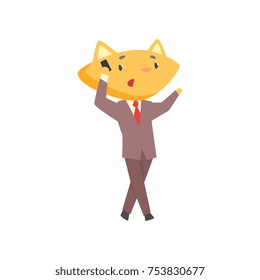 Funny businessman fox in a suit standing and talking on the phone, cute animal boss character cartoon vector Illustration on a white background