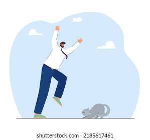 Funny businessman greeting scared stray cat. Man adopting or playing with kitten flat vector illustration. Animal care, pets, adoption concept for banner, website design or landing web page