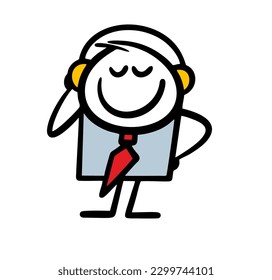 Funny businessman having rest and listening to music via  headphones. Vector illustration of joyful man ib office suit relaxing after work.