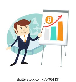 Funny businessman holding pointer flipchart growing graphic Bitcoin digital currency cryptocurrency. Orange coin with bit coin symbol isolated white background. Vector illustration flat style design