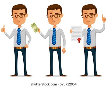 funny businessman holding a stack of money or contract with seal. Young man in business attire. Cute office people - assistant, life coach, teacher or financial advisor. Isolated on white.