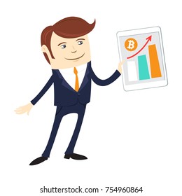 Funny businessman holding tablet with growing graphic Bitcoin bit coin digital currency cryptocurrency. Orange coin with bitcoin symbol isolated white background. Vector illustration flat style design