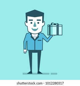 Funny businessman holds gift box. Birthday celebration, Valentine's day, holiday. Simple style vector illustration