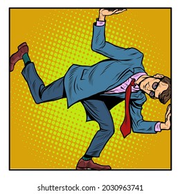 Funny businessman. Limitations and limits. A man in a suit in a funny pose