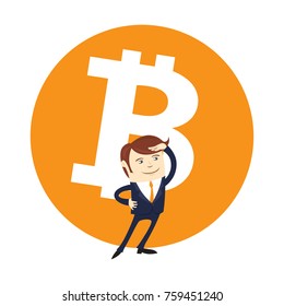 Funny businessman looking forward in front of Bitcoin. Miner bit coin digital currency cryptocurrency. Orange coin with bitcoin symbol isolated white background. Vector illustration flat style design