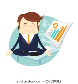 Funny businessman mining Bitcoin office desk computer. Doing yoga exercise meditation lotus pose office workplace.Miner bit coin digital currency cryptocurrency. Vector illustration flat style design