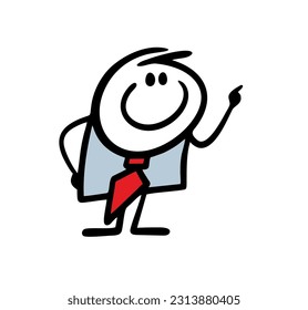 Funny businessman in office suit pointing up with finger. Vector illustration of stickman showing the way. Cartoon image isolated on white background.