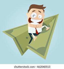 funny businessman on money paper plane