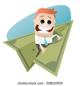 funny businessman on money paper plane