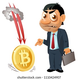 Funny businessman pointing finger at bitcoin falling. Cartoon styled vector illustration. Elements is grouped. On white background.