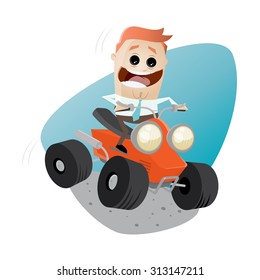 funny businessman is riding a quad bike