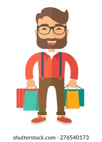 A funny businessman with shopping bags. A contemporary style. Vector flat design illustration with isolated white background. Vertical layout.   