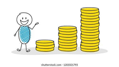Funny businessman showing money graph. Vector.