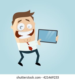 funny businessman showing something important on the tablet