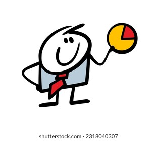 Funny businessman shows a graph chart of profit statistics. Vector illustration of business success and a new project. Cartoon stickman isolated on white background.