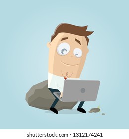 funny businessman sitting on a rock and working on notebook